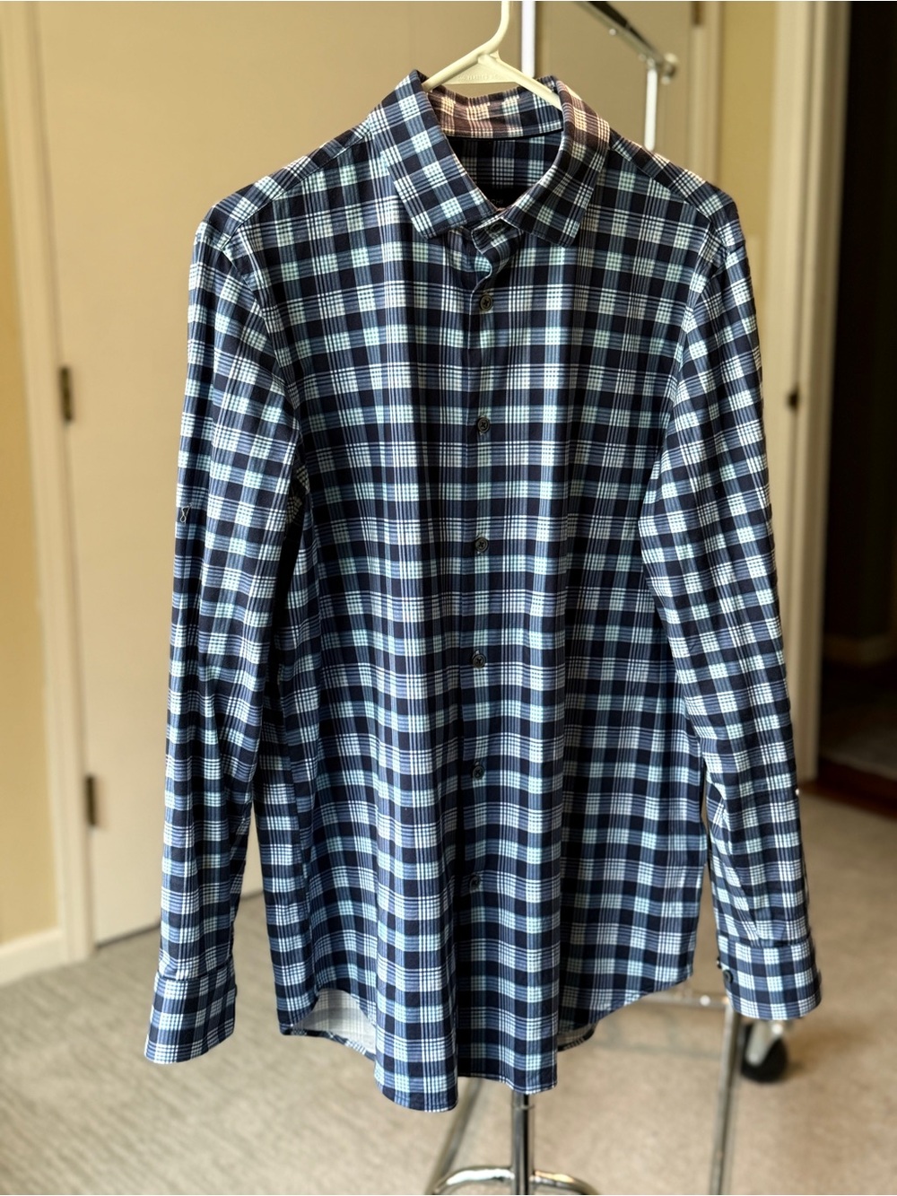 Bugatchi Navy and Light Blue Plaid Button-Down Shirt